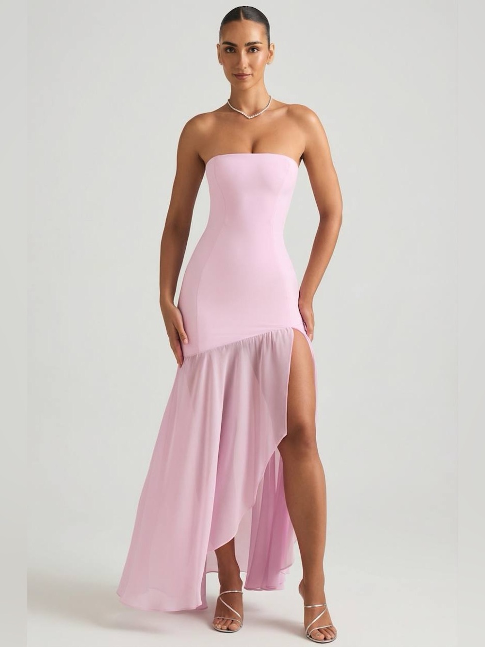 Oh Polly Melina Asymmetric Strapless Fishtail Maxi Dress in Soft Pink